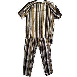 Nikki Chasin Striped Short Sleeve Silk Pant Suit - Small